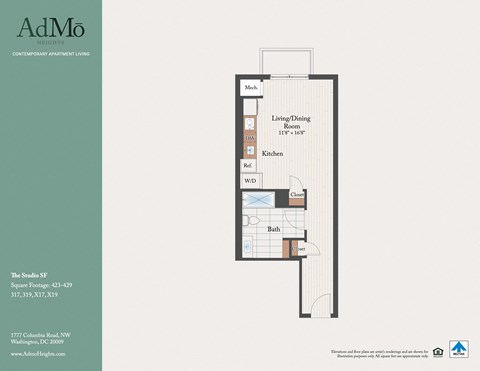 Floor plan for studio, 1 bath, 423 sqft